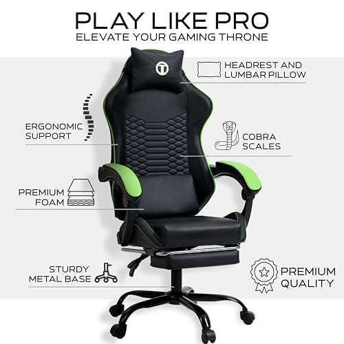 Titano Cobra Elite Silla para juegos con reposapiés, diseño cómodo con asiento acolchado de cuero, ruedas 360 con soporte para el cuerpo totalmente reforzado con acero, negro/verde