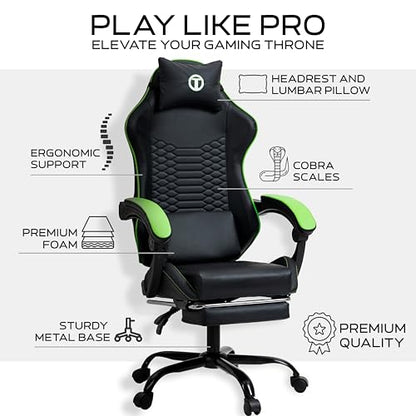 Titano Cobra Elite Silla para juegos con reposapiés, diseño cómodo con asiento acolchado de cuero, ruedas 360 con soporte para el cuerpo totalmente reforzado con acero, negro/verde