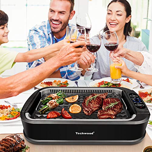 Indoor Grill, Techwood 1500W Smokeless Electric Grill with Non-Stick Grill Plates, Korean Grill with Temperature Control, Tempered Glass Lid