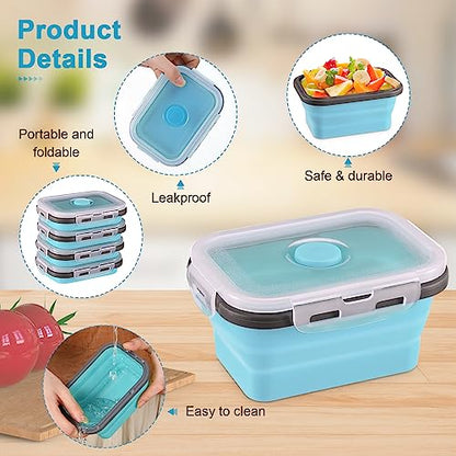 Mifoci Set of 12 Silicone Collapsible Food Storage Containers 12 oz Collapsible Meal Prep Container Square Collapsible Bowl with Clear Lids Vent, Freezer, Microwave and Dishwasher Safe (Gray Blue)