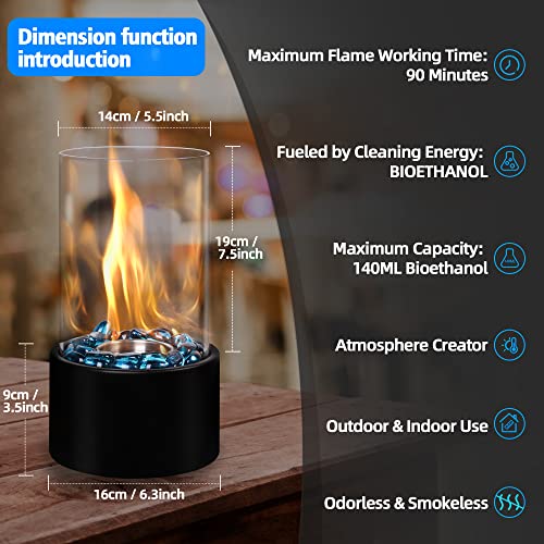 Eufrozy Chimenea pequeña de mesa con vidrio, mini chimenea portátil de alcohol para frotar en interiores, bioetanol de combustión limpia sin humo para S'Mores/apartamento/llama personal/exterior/patio/negro