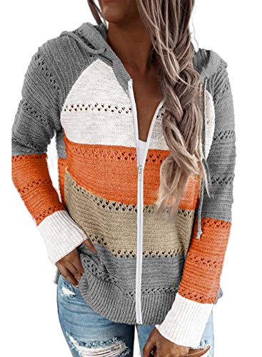 SHEWIN Moda de otoño para mujer 2023 Rayas Bloque de color Suéter de punto ligero Manga larga Cordón Cremallera Sudaderas con capucha Chaqueta Casual Cremallera Sudaderas para mujer Gris 2XL