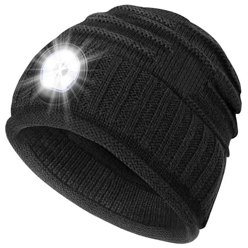 Regalos para hombres Gorro con luz: Rellenos de medias Mujeres Hombres Gorra recargable Linterna LED Sombreros de invierno Ideas de regalos para papá Negro