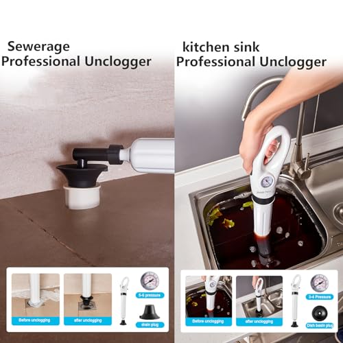 Émbolo de inodoro PLUNGE FORCE X™, inyector de drenaje de aire de alta presión, pistón de alcantarillado neumático con manómetro visual de presión de aire, baños, fregaderos, desagües de piso, cocinas y obstrucciones de plomería