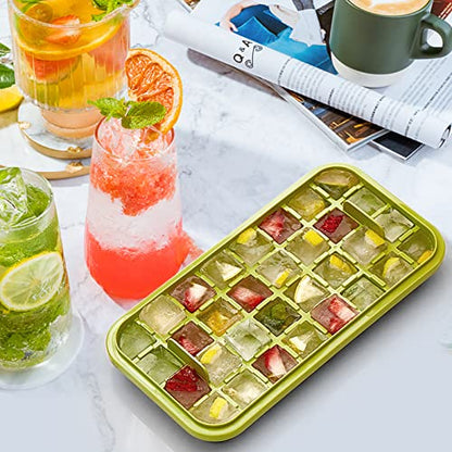 Bandeja para cubitos de hielo con tapa y contenedor, paquete de 2 bandejas para cubitos de hielo para congelador, molde para cubitos de hielo de 64 piezas (verde)