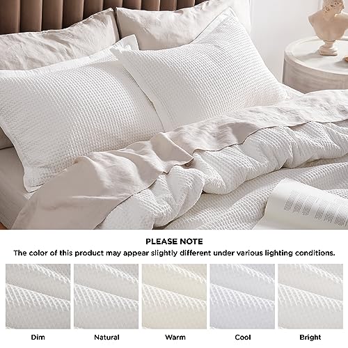 Bedsure Funda de edredón de algodón Queen – 100% algodón tejido tipo gofre, funda de edredón de color blanco coco, tamaño Queen, suave y transpirable, juego de funda de edredón Queen para todas las estaciones (Queen, 90 x 90 pulgadas)