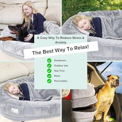 (Gris claro) Cama para perro humano Delux – Cama tipo puf gigante para adultos – Almohada, manta y bolsa de almacenamiento – Lavable a máquina, espuma viscoelástica – Cama de suelo para adultos – Tamaño 72 x 40 x 12 pulgadas