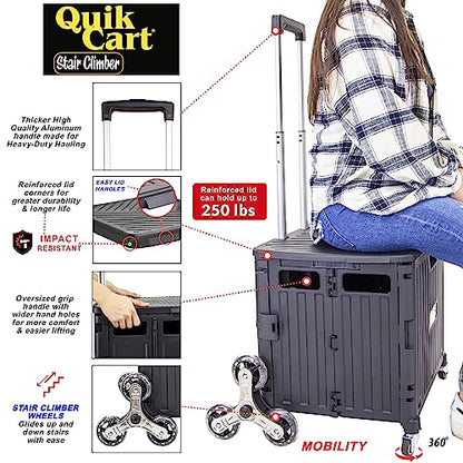 Dbest Products Quik Cart Escalador de escaleras Caja rodante con ruedas Utilidad para maestros con asiento Cesta plegable resistente con asa, negro