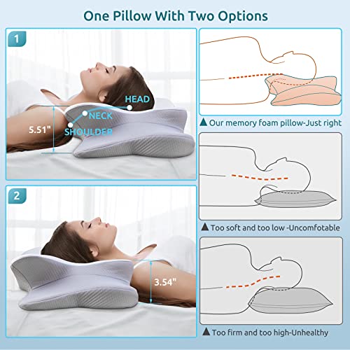 Almohada cervical para aliviar el dolor de cuello, espuma viscoelástica de contorno, almohada ortopédica ergonómica de apoyo para el cuello para personas que duermen de lado, boca arriba y boca abajo con funda \ trantamaño Queen, gris claro