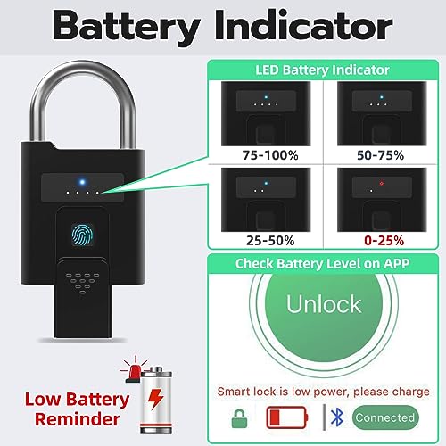 PRODUCTO 26 Candado de huellas dactilares de alta resistencia con copia de seguridad de llave, impermeable, Bluetooth, controlado por aplicación, biométrico, sin llave, cerradura electrónica inteligente para valla al aire libre gimnasio, casillero