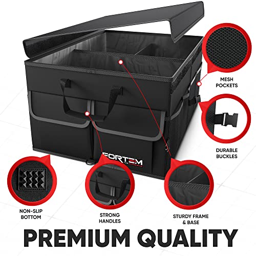 FORTEM Organizador de almacenamiento para coche, plegable, con múltiples compartimentos, parte inferior antideslizante, correas de seguridad ajustables, cubierta plegable (negro, tamaño estándar)