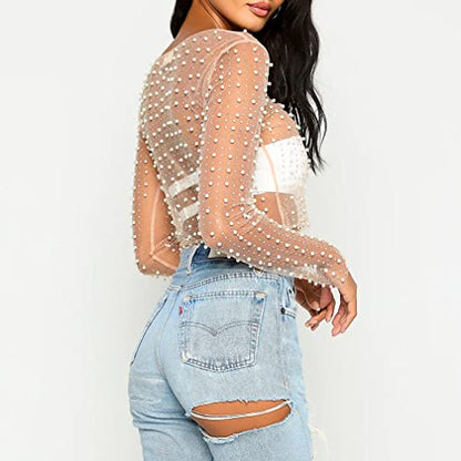 Naileksi, Top corto de malla transparente con diamantes de imitación y perlas para mujer, blusa recortada ajustada de manga larga transparente sexi, camisa para discoteca, color desnudo