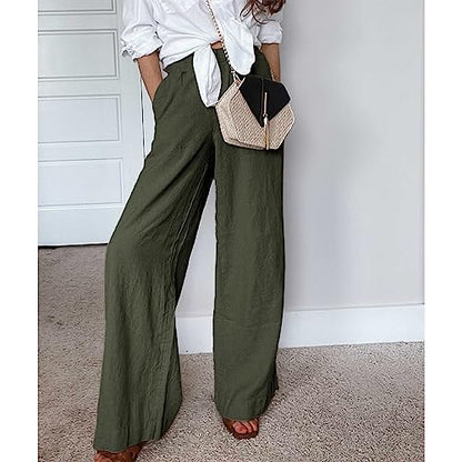 PRODUCTO 587 Duyang Pantalones palazzo de lino y algodón para mujer, con cordón, cintura elástica, pantalones casuales de pierna ancha con bolsillos (verde militar, XS)