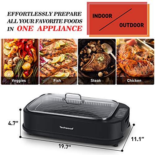 Indoor Grill, Techwood 1500W Smokeless Electric Grill with Non-Stick Grill Plates, Korean Grill with Temperature Control, Tempered Glass Lid