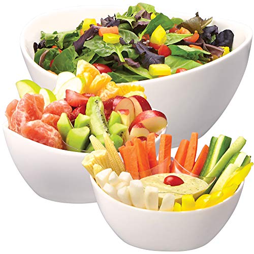 Juego de 3 tazones para servir - Elegantes ensaladeras de porcelana blanca para frutas, ensaladas, pastas y sopas - Platos de exhibición para servir alimentos para fiestas o exhibiciones - 24 oz. 34 onzas. y 44 onzas. - por DécorDine