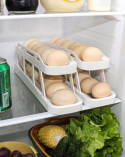 HAHOME Eggs Dispenser Auto Rolling Egg Tray Storage and Organizer, Space-Saving Egg Roller For Refrigerator White 2Pcs