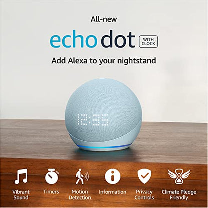 Echo Dot (5.ª generación) con reloj| Azul nube con bombilla de color inteligente Amazon Basics