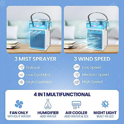 Seven Swift acondicionadores de aire portátiles sin necesidad de ventanas, mini enfriador y humidificador de aire personal evaporativo, 7 luces de colores, 3 velocidades, el mejor ventilador portátil recargable para escritorio de oficina, dormitorio