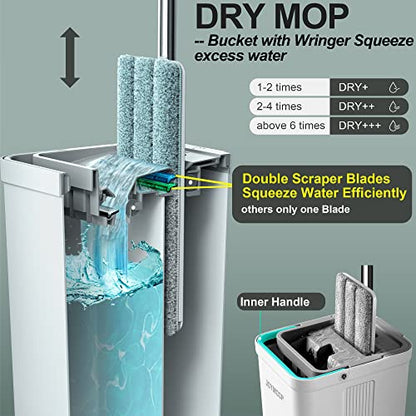 JOYMOOP Juego de fregona y cubo con escurridor para el hogar, juego de fregona plana blanca manos libres para limpieza de suelos y limpiador de paredes con mango largo, con 3 almohadillas de microfibra reutilizables