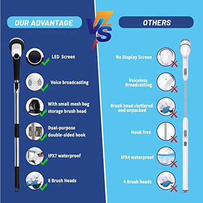 YKYI Fregadora giratoria eléctrica, cepillo de limpieza inalámbrico, cepillo de limpieza de ducha con 8 cabezales de cepillo reemplazables, fregadora eléctrica de 3 velocidades ajustables, mango largo ajustable y desmontable, transmisión de voz