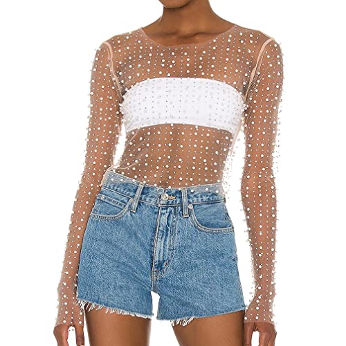 Naileksi, Top corto de malla transparente con diamantes de imitación y perlas para mujer, blusa recortada ajustada de manga larga transparente sexi, camisa para discoteca, color desnudo