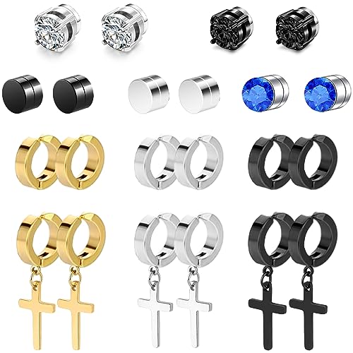 KWUNCCI Pendientes magnéticos para hombres, 11 pares de pendientes de clip para hombres, pendientes no perforados para hombres, pendientes falsos para hombres, pendientes colgantes de aro con cruz negra para hombres y mujeres