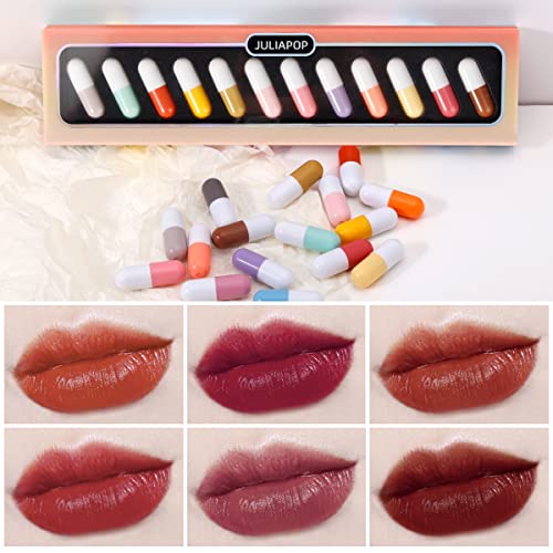 Kusslippe Mini Juego de lápiz labial, 12 cápsulas de colores, lápiz labial mate en forma de píldora, mini cápsulas impermeables de larga duración, juego de lápiz labial de terciopelo para mujeres (12 piezas)