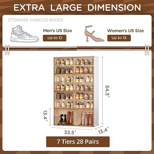 ANTBOX Zapatero portátil organizador para entrada de armario, zapatero apilable con puerta magnética transparente, contenedores de almacenamiento de plástico grandes con tapas, 7 niveles, 28 pares