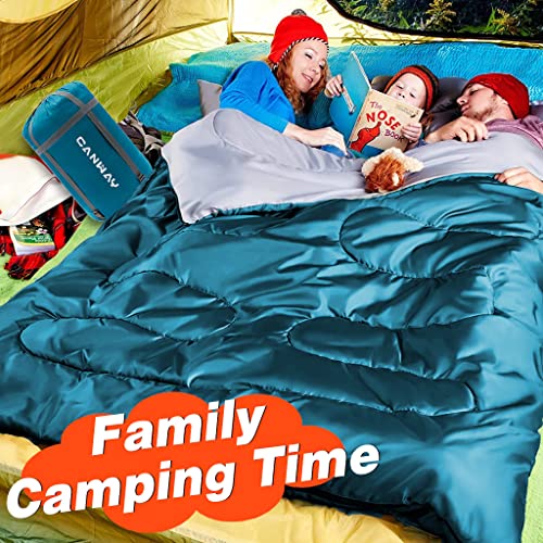 CANWAY Saco de dormir doble con 2 almohadas, impermeable, ligero, para 2 personas, para camping, mochilero, senderismo, exterior, interior, para adultos o adolescentes, tamaño Queen XL (azul lago-poliéster)