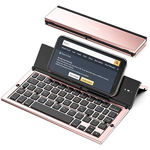 Geyes Teclado Bluetooth plegable, teclado plegable portátil de viaje para iPhone Xs max/x/14/13/12/11 Plus Pro/iPad/iPad Mini 4, teléfono inteligente Samsung Android Tablet (oro rosa)