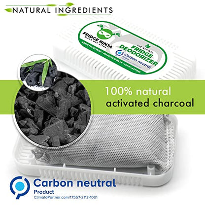 Desodorante para refrigerador Fridge Ninja (paquete de 2) - Más efectivo que el bicarbonato de sodio - Desodorante para refrigerador de carbón activado natural y sin perfume - Eliminador de olores para congelador, refrigerador y loncheras