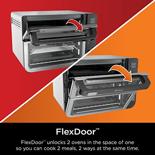 Ninja DCT451 Horno doble inteligente 12 en 1 con puerta flexible, termómetro, FlavorSeal, acabado inteligente, convección superior rápida y parte inferior para freír con aire, acero inoxidable