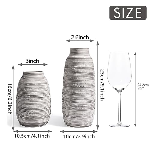 TERESA'S COLLECTIONS Rustic Ceramic Flower Vase for Home Decor, Tall Grey Decorative Vase for Pampas Grass, Set of 2 Boho Flower Vases for Table, Mantel, Fireplace, Shelf, Living Room, 6.3/9.1inch