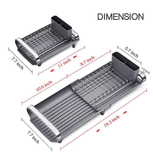 TOOLF Escurreplatos expandible, escurridor de platos compacto, escurridor de platos de acero inoxidable con soporte para cubiertos extraíble, estante para platos antioxidante, escurridor de fregadero pequeño para fregadero o encimera de cocina