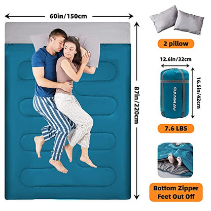 CANWAY Saco de dormir doble con 2 almohadas, impermeable, ligero, para 2 personas, para camping, mochilero, senderismo, exterior, interior, para adultos o adolescentes, tamaño Queen XL (azul lago-poliéster)