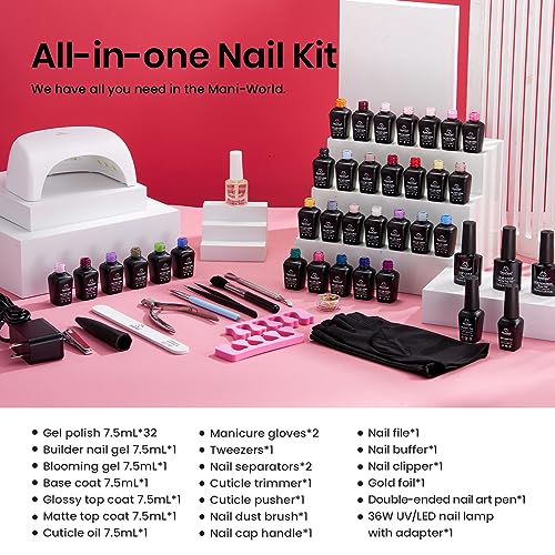 Kit de esmalte de gel con luz ultravioleta, kit de iniciación de gel de 52 piezas, 32 colores, juego de esmalte de gel con brillo rosa y azul, capa superior base, aceite para cutículas y constructor, kit de manicura artística en gel floreciente