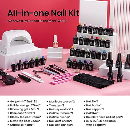 Kit de esmalte de gel con luz ultravioleta, kit de iniciación de gel de 52 piezas, 32 colores, juego de esmalte de gel con brillo rosa y azul, capa superior base, aceite para cutículas y constructor, kit de manicura artística en gel floreciente