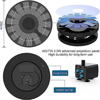 PRODUCTO 614-2 Bomba de fuente solar AISITIN 2024 Fuente solar de baño para pájaros con 6 boquillas, fuente de agua solar de 2,5 W para baño de pájaros, jardín, estanques, piscina, pecera y exteriores