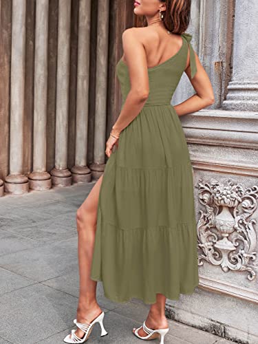 MEROKEETY Vestido largo de verano con un hombro para mujer, vestido largo midi de playa con niveles fluidos y fluidos, verde militar, M