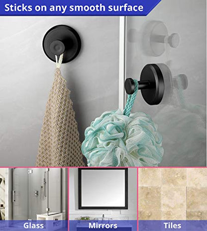 HOME SO Ganchos con ventosa para ducha, baño, cocina, puerta de vidrio, espejo, azulejo - Lufa, toalla, abrigo, soporte para gancho para bata de baño para colgar hasta 15 libras - Impermeable, oscuro, negro mate (paquete de 2)