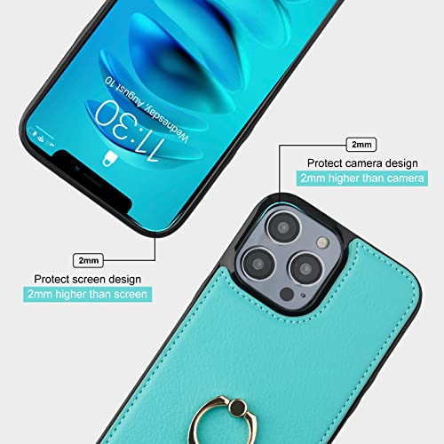 Folosu Compatible con iPhone 14 Pro Max Funda tipo cartera con tarjetero, soporte para anillo de dedo con rotación de 360°, bloqueo RFID, funda protectora de cuero con doble botón a prueba de golpes, 6,7 pulgadas, color verde