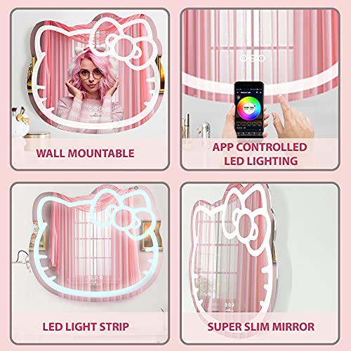 PRODUCTO 24 Impressions Vanity Hello Kitty Espejo de pared con Wi-Fi, espejo de tocador de maquillaje inteligente sensible al tacto con controlador de aplicación y tira de luz LED que cambia de color