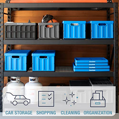 CleverMade Contenedores de almacenamiento plegables de 62 L con tapas - Cajas utilitarias apilables de plástico plegables, CleverCrates de pared sólida, paquete de 3, azul neptuno