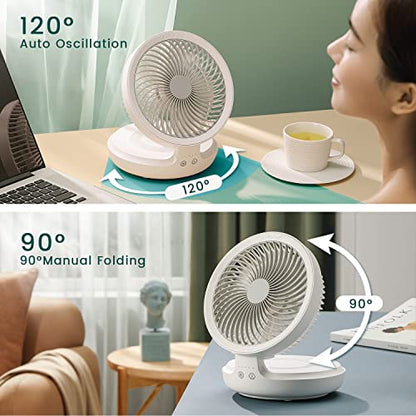 EDON Ventilador de mesa, ventilador de escritorio con batería recargable con oscilación automática 90 plegable, ultra silencioso, luz de 4 velocidades, ventilador circulador de aire portátil con gancho, dormitorio, hogar, escritorio