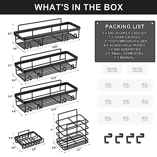 Posyla Organizador de ducha, organizadores de ducha de baño, estantes de ducha negros para ducha interior con jabonera y soporte para cepillo de dientes, cestas de pared de acero inoxidable con adhesivos montados (5 piezas)