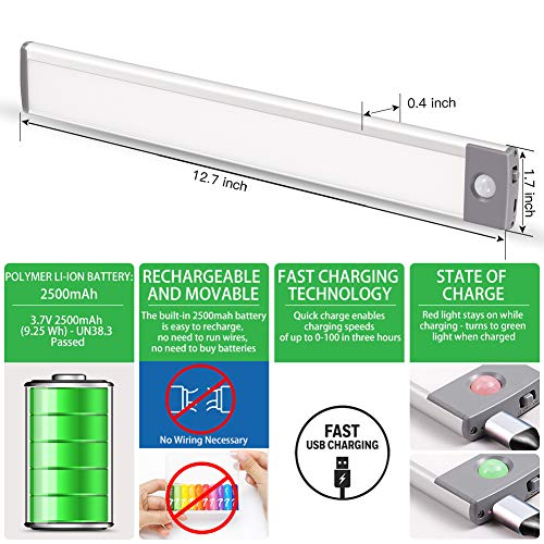 Luces LED con sensor de movimiento recargable, ultrafinas, más suaves, para debajo del mostrador, iluminación de armario de 54 LED, funciona con pilas, iluminación inalámbrica para debajo del gabinete, luz nocturna (2 unidades)