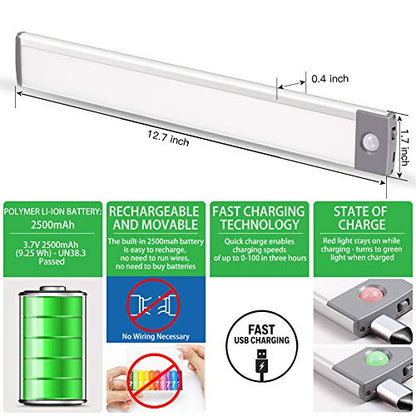 Luces LED con sensor de movimiento recargable, ultrafinas, más suaves, para debajo del mostrador, iluminación de armario de 54 LED, funciona con pilas, iluminación inalámbrica para debajo del gabinete, luz nocturna (2 unidades)