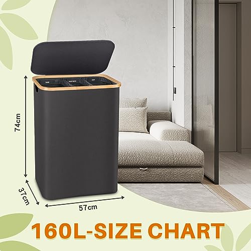 Cesta para la colada de 3 secciones, cestas extra grandes de 160 L para cesta de la colada con tapa, cesta para ropa sucia, cesta plegable para la colada, organizador para dormitorio, cuarto de lavado