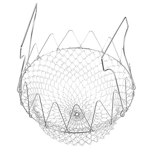 Cesta para freír – Colador plegable de acero inoxidable – Cesta para freír, cocinar al vapor, colar, enjuagar, 9 x 3,35 x 9 pulgadas