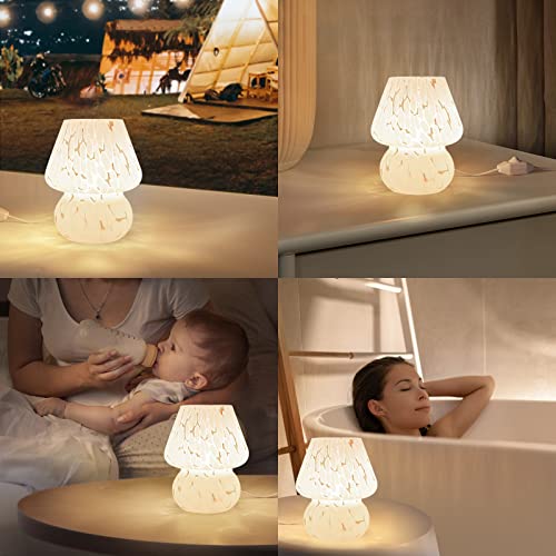 ONEWISH Linda lámpara de seta pequeña lámpara de mesita de noche, juego de 2, regulable, de cristal translúcido, lámpara de mesita de noche blanca para dormitorio, habitación de niños, sala de estar, cocina, regalo estético de Murano para decoración